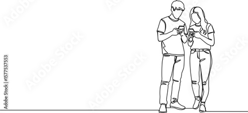 continuous single line drawing of two teenagers standing together using their smartphones, line art vector illustration