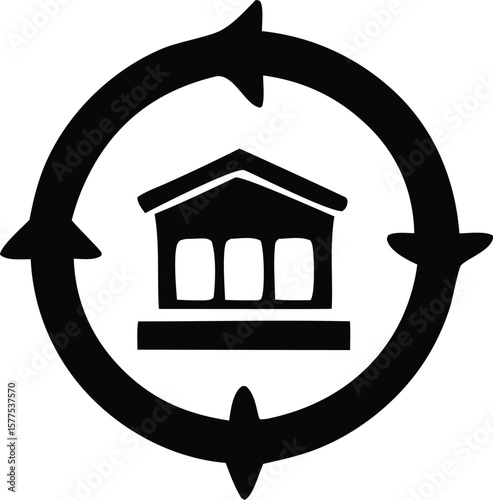 Circular arrow symbol encompassing a simplified neoclassical building with three arched windows and a pediment