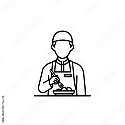Chef wearing apron holding fork and plate in line art style
