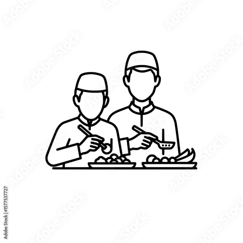 Line art of two chefs serving food at a table