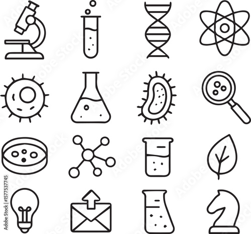 Biology related icon set. Minimal linear icons. Laboratory icon set. Related to laboratory, science, bio, research, chemical, experiment, technology line art vector illustration 