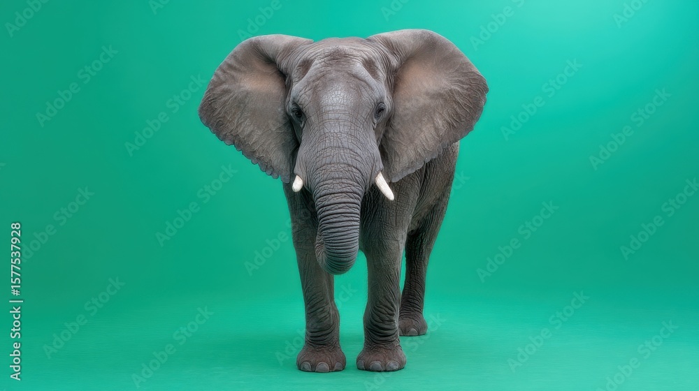 Obraz premium A realistic elephant stands prominently against a vibrant green background, showcasing its textured skin and majestic presence.