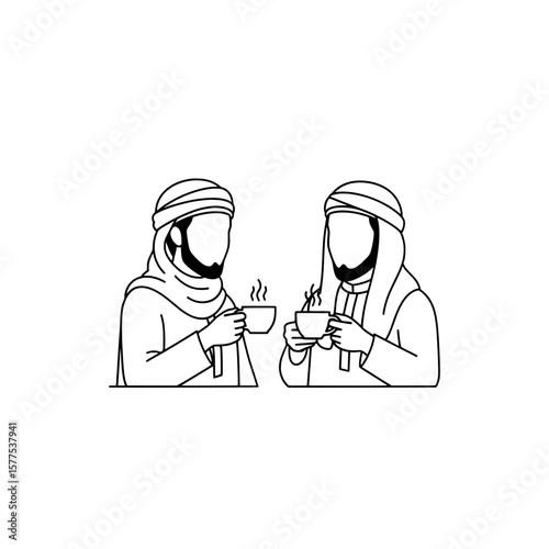 Two people wearing headscarves drinking coffee side by side