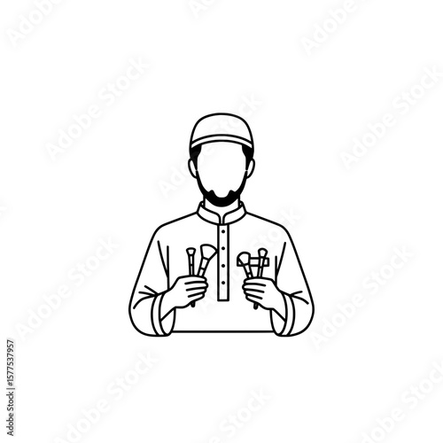 Line art male chef holding kitchen utensils for culinary work