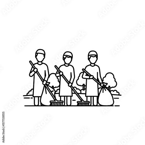 group of three people cleaning outdoor environment with brooms