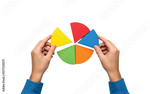 Two Hands Assembling Multicolor Pie Chart Segments into Complete Circle — Visual Representation of Data Segmentation, Statistical Analysis, and Business Collaboration in Bright Conceptual Style