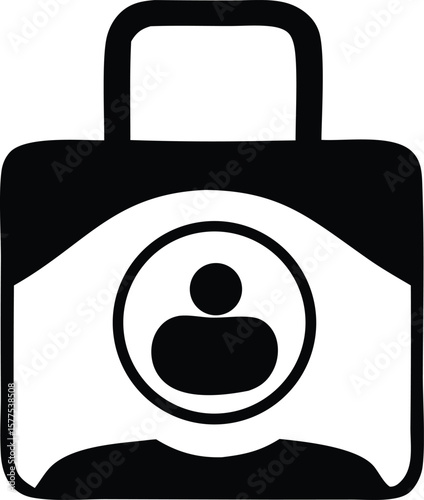 Stylized black and white icon representing a briefcase with a person silhouette inside a circle symbolizing personal belongings or travel