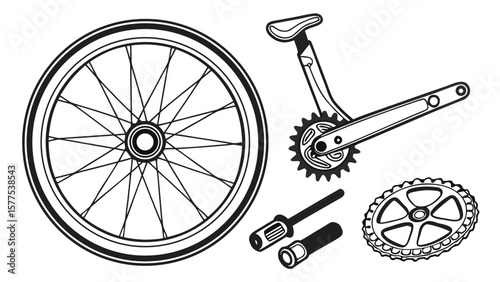 Illustration of a bicycle wheel, seat, crankset, and other parts in black and white outline style