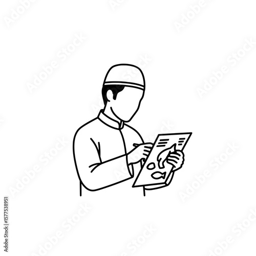 Handsome man in a cap reading a menu or magazine