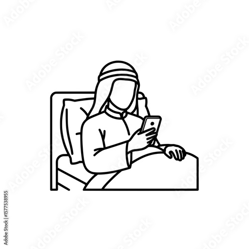 Woman lying in bed using smartphone with headphones