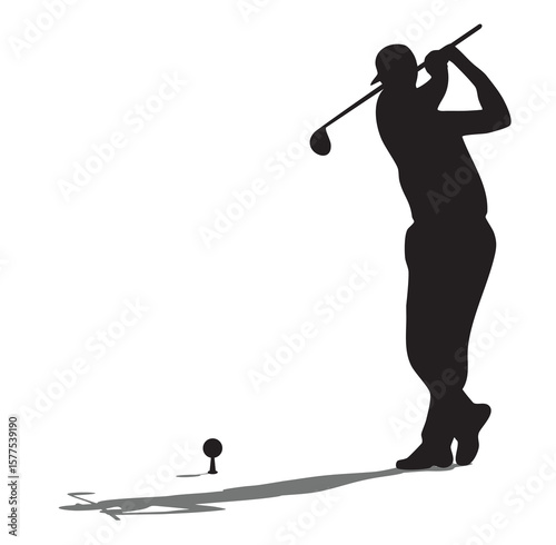 Golfer silhouette teeing off on white background