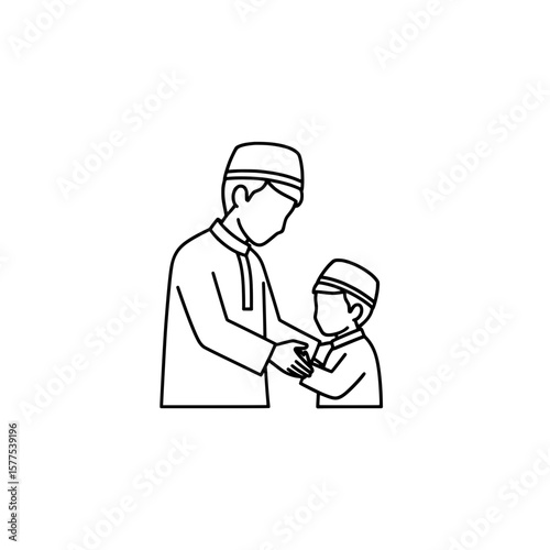 Line art of father giving hand to son in traditional attire