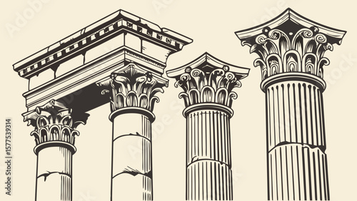 Illustration of four classical architectural columns with detailed capitals and bases design elements