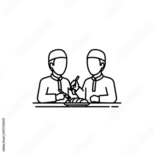 Line art of two chefs preparing food in a kitchen