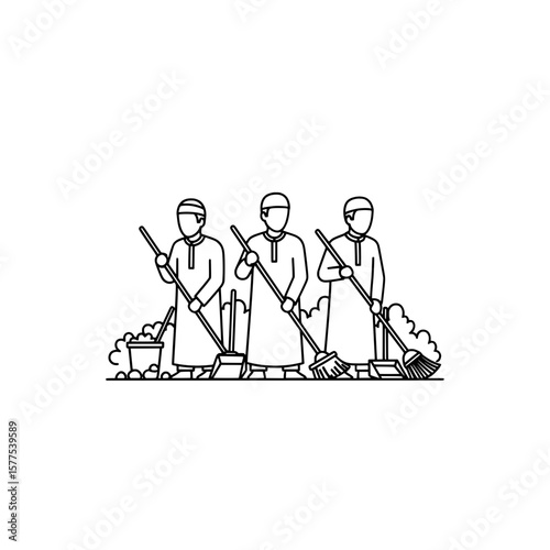People cleaning floor with brooms and dustpans in line