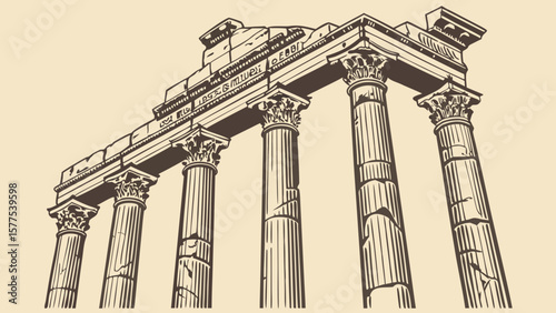 Illustration of a classical temple ruin with detailed columns and a crumbling entablature design