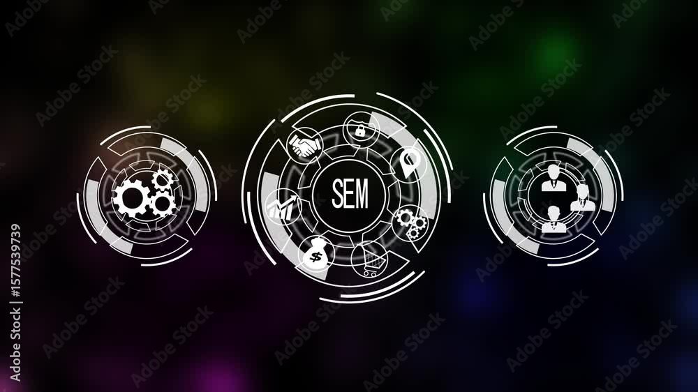 a sem concept button on a futuristic .holographic advanced HUD circle platform Business, Technology, Internet and network concept Seamless loop technology network black background concept. 4k video