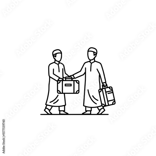 Men with luggage exchanging handshakes in the airport terminal