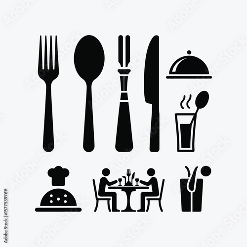 Black and White Restaurant Icons Set Food Drink Cutlery Dinner