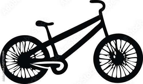 Stylized black silhouette of a bicycle with intricate spoked wheels against a white background