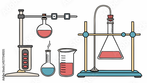 Illustration of chemistry lab equipment with flasks, beakers, and stands in a colorful design