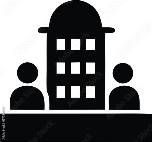 Simple black silhouette of two people standing at a reception desk in front of a building with a domed roof