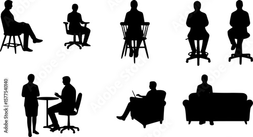 Vector set of business people sitting silhouettes. silhouette man sitting on armchair. men and women sit on armchair, office chair with laptop, tablet, front, side view. isolated on white background.