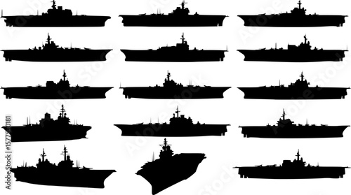 Naval ship silhouettes. This image shows various silhouettes of naval ships, including submarines and warships, depicted in black against a white background. Vector clipart illustration design.