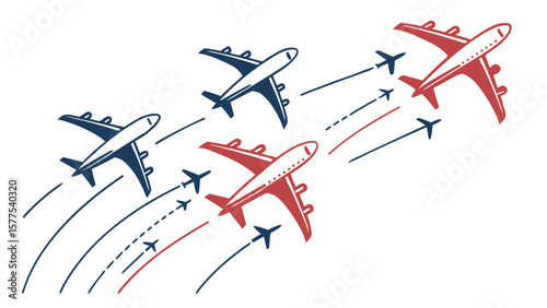 Illustration of several airplanes flying in formation with curved flight paths shown behind them