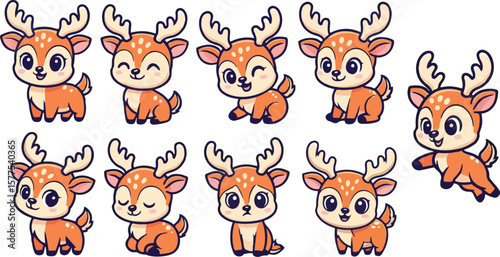 vector illustration of deer funny cute cartoon mascot character cartoon with 9 poses 01