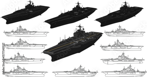 Naval ship silhouettes. This image shows various silhouettes of naval ships, including submarines and warships, depicted in black against a white background. Vector clipart illustration design.