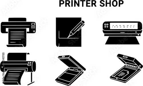 Printer line icon set. Large format printing, plotter, scanner, cutting machine minimal vector illustrations. Simple outline signs for printshop.