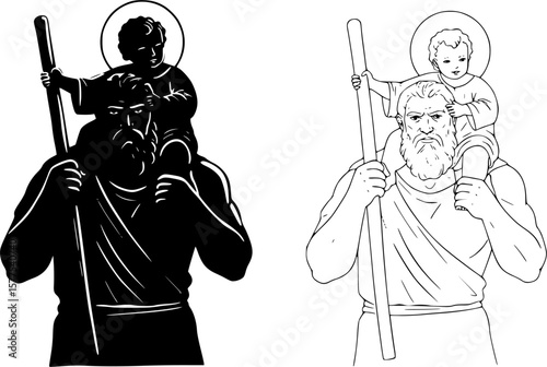 Black and white religious illustration of Saint Christopher carrying the child Jesus on his shoulder, both with halos above their heads.