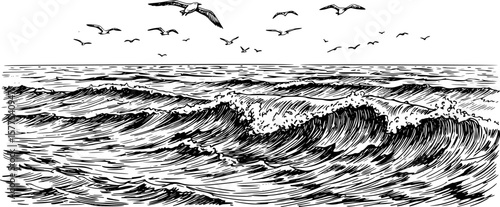 Vintage-style black and white engraving or etching of ocean waves with a flock of seagulls flying above. The sea appears dynamic and textured, with strong lines depicting movement and depth.