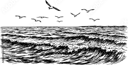Vintage-style black and white engraving or etching of ocean waves with a flock of seagulls flying above. The sea appears dynamic and textured, with strong lines depicting movement and depth.