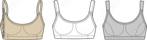 Women's sports bra technical flat sketch, front view fashion illustration, activewear template design, vector outline, seamless undergarment clothing mockup