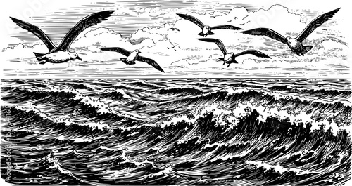 Vintage-style black and white engraving or etching of ocean waves with a flock of seagulls flying above. The sea appears dynamic and textured, with strong lines depicting movement and depth.