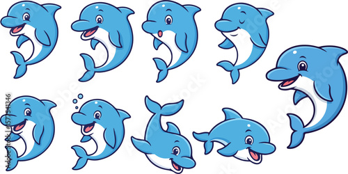 vector illustration of dolphin fish funny cute cartoon mascot character cartoon with 9 poses 01