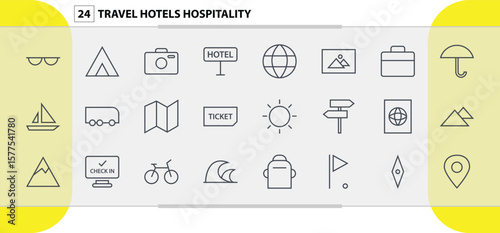 Travel Hotels Hospitality Icons for Tourist Destinations and Accommodations