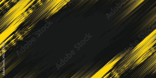 Abstract Geometric Yellow Frame Grunge Texture With Halftone Pattern Design In Black Background