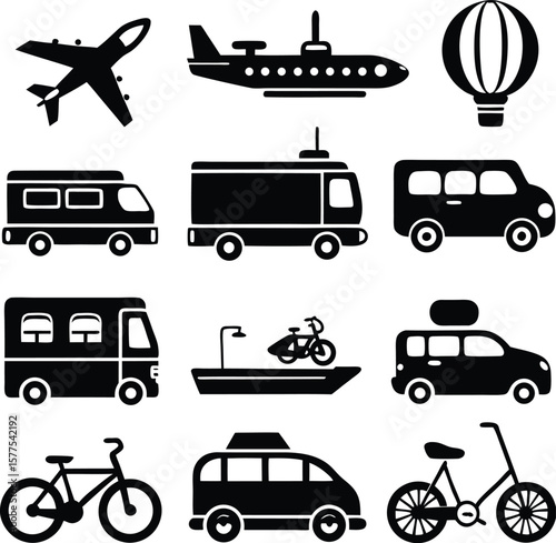 Collection of black and white silhouette icons representing various modes of transportation including air land and water vehicles