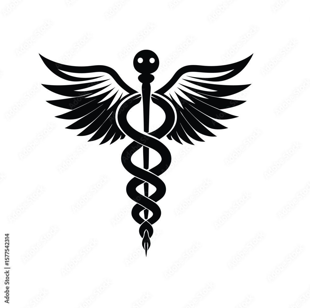 Stylized black caduceus symbol with wings and serpent Stylized black caduceus symbol with wings and serpent
