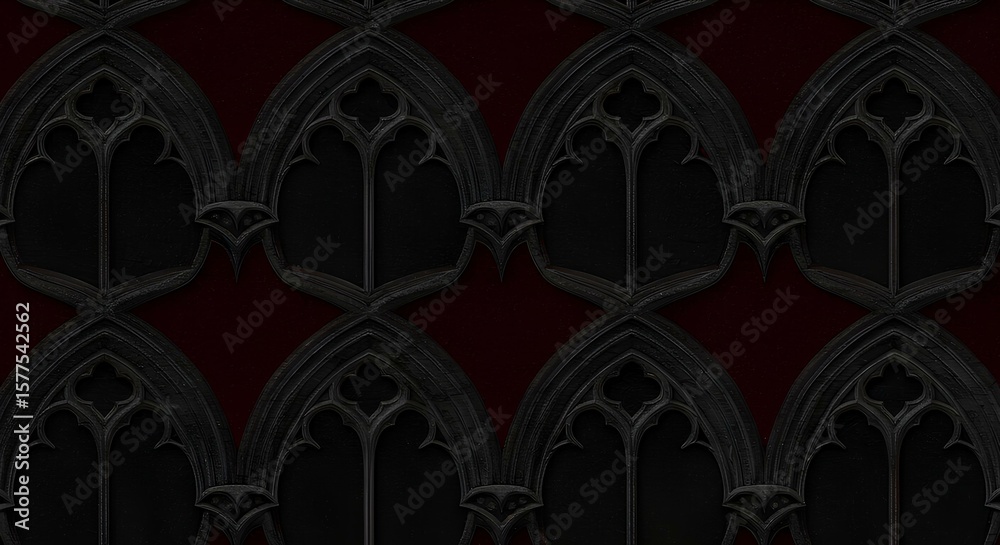 Naklejka premium Gothic rug pattern, velvet arch motif carpet, cathedral-inspired textile, burgundy coal pewter hues, seamless dark luxury design, stained glass window rug look