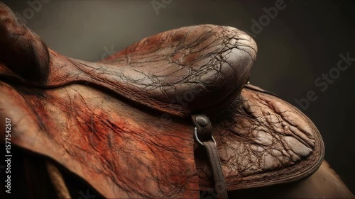 Close-up of a weathered leather saddle