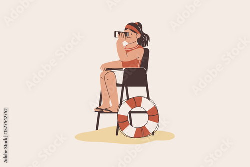 Lifeguard Sitting on Chair Looking in Binoculars Illustration