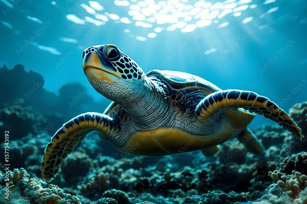 Fototapeta premium Vibrant green sea turtle gracefully swimming in clear blue ocean water