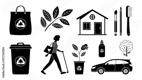 Set of eco-friendly lifestyle glyph icons. Vector pictograms of reusable bag, bamboo toothbrush, plant-based food, eco home, water bottle, compost bin, and walking over driving, shown in black silhoue