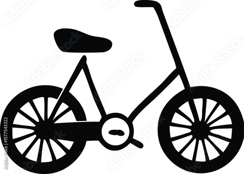 Simple black silhouette of a classic bicycle with two wheels a seat handlebars and pedals against a white background