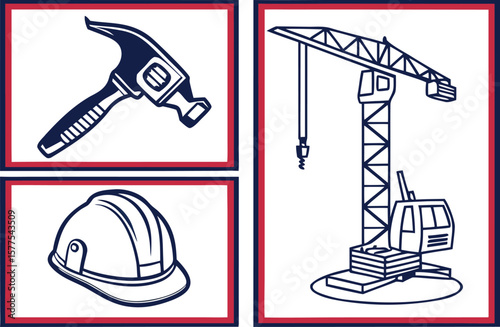  Icons of hammer, crane, blueprint, safety helmet, drill, construction site inside square frames. Industrial flat style.