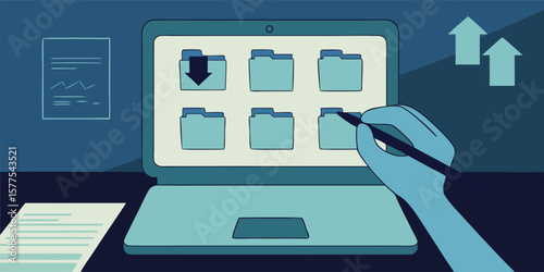 Hand interacting with digital files on laptop technology